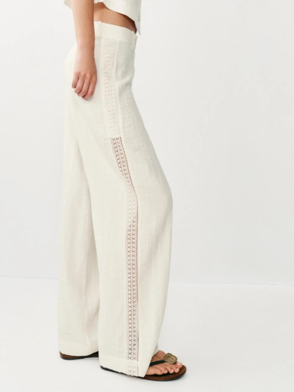 NWOT Zara XS Side Lace Insert Straight Leg Pants Ecru Cream Ivory Linen Look